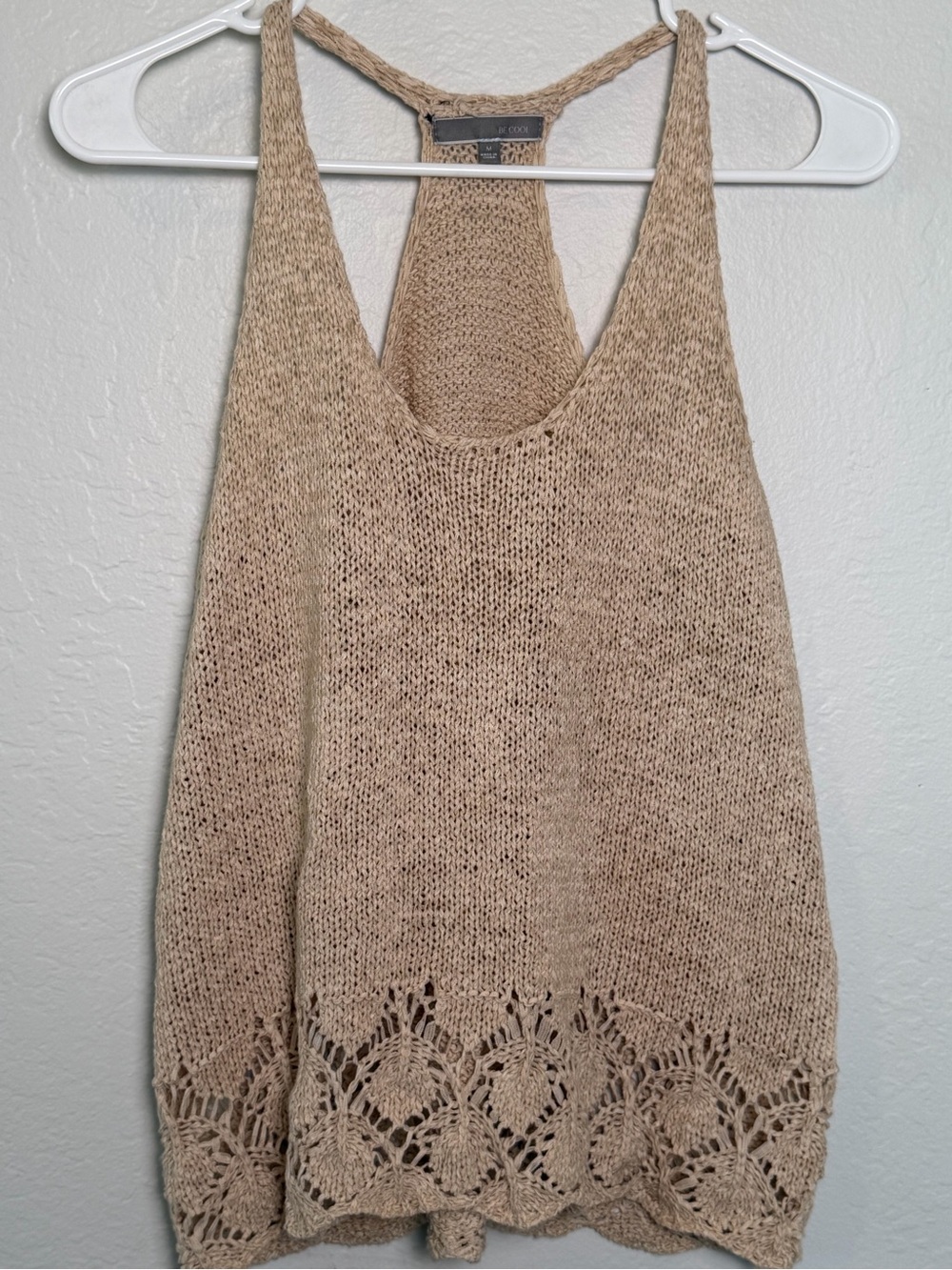 BE COOL Beige Crochet Knit Tank Top Open Weave Boho Size Medium